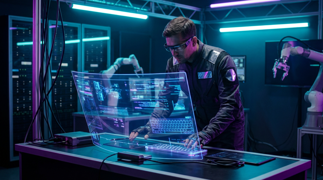 Tecnico IT al lavoro con interfaccia olografica